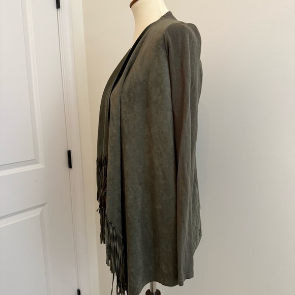 INC Olive Green Fringe Front Knit Long Sleeve Cardigan Sweater Size S Western - Picture 3 of 9